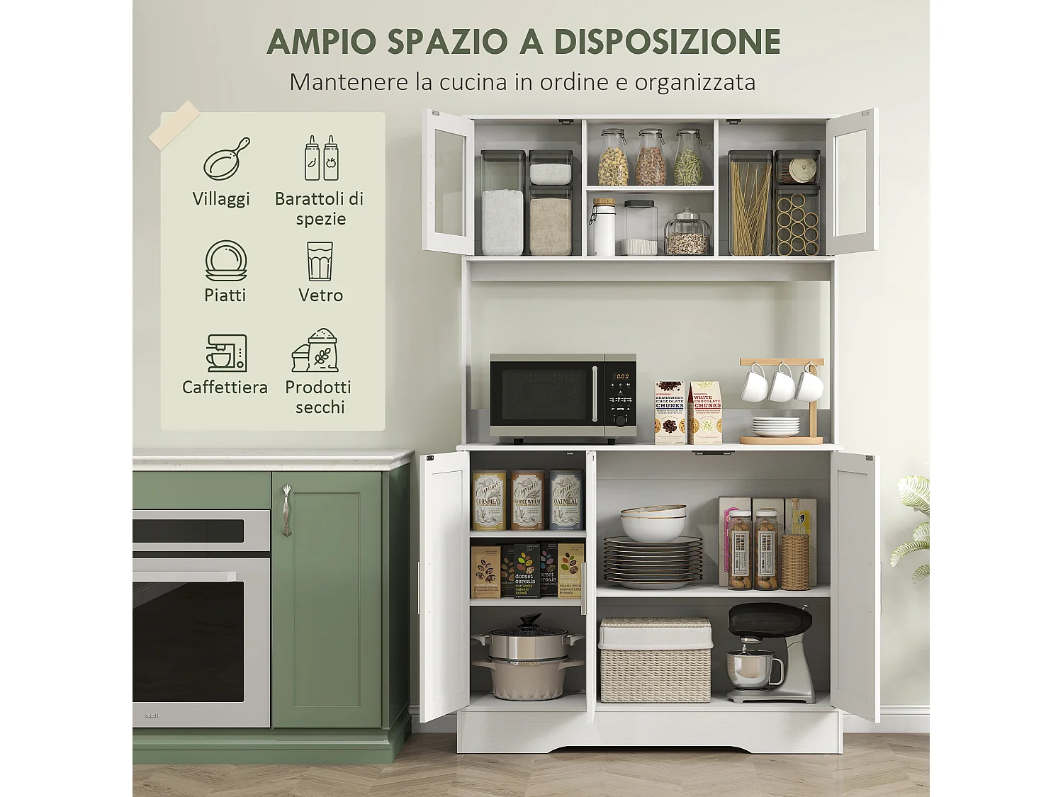 Mobile dispensa alto con 4 armadietti, 2 ripiani aperti e piano bianco