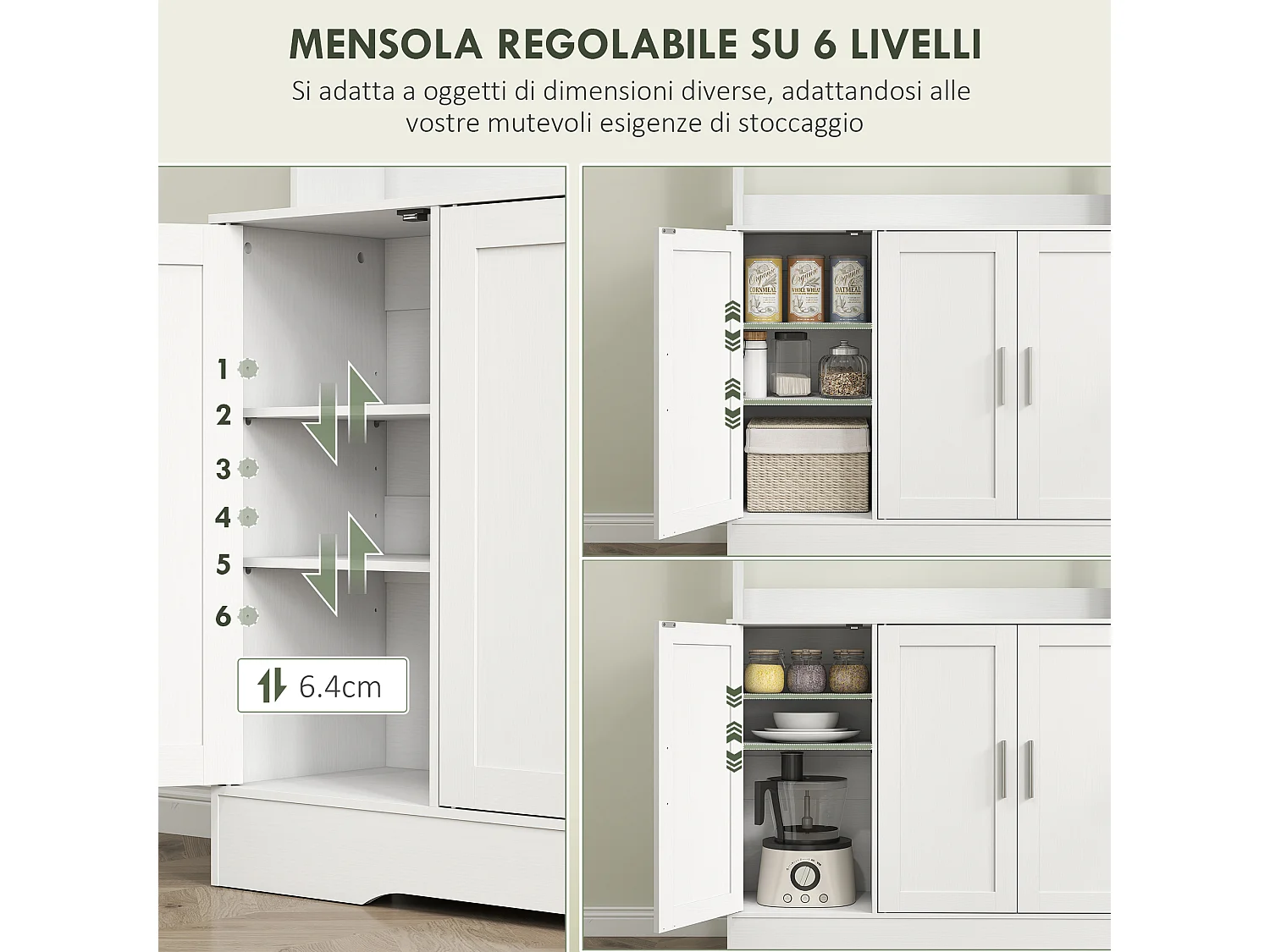 Mobile dispensa alto con 4 armadietti, 2 ripiani aperti e piano bianco