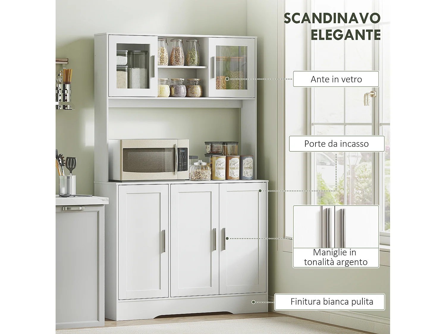 Mobile dispensa alto con 4 armadietti, 2 ripiani aperti e piano bianco