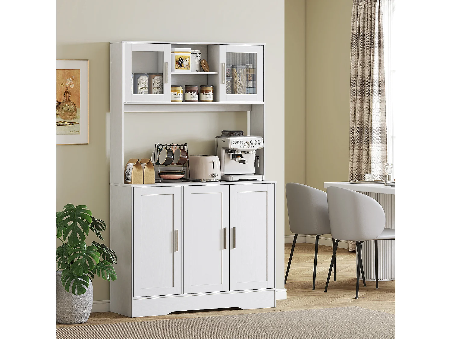 Mobile dispensa alto con 4 armadietti, 2 ripiani aperti e piano bianco