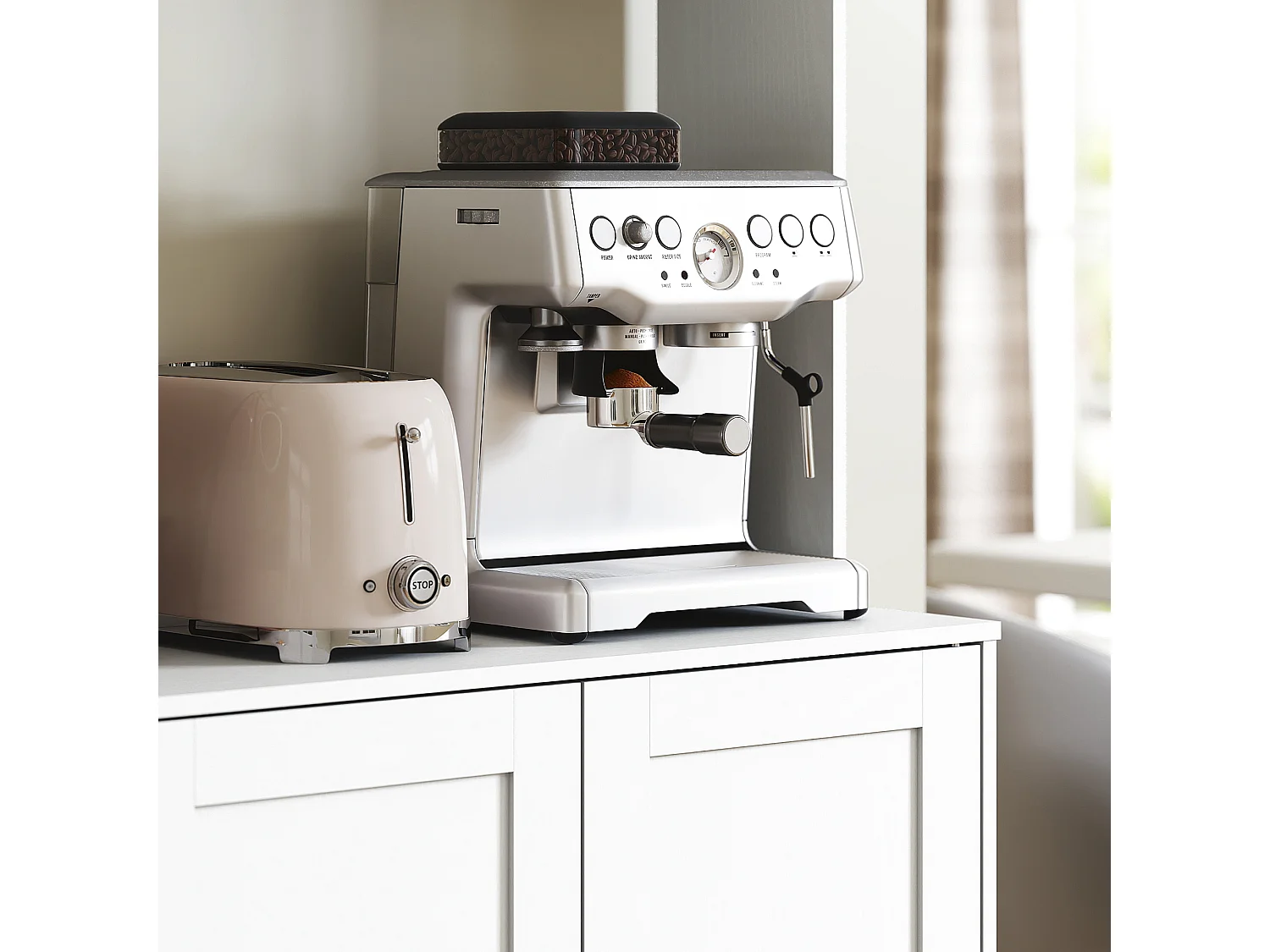 Mobile dispensa alto con 4 armadietti, 2 ripiani aperti e piano bianco