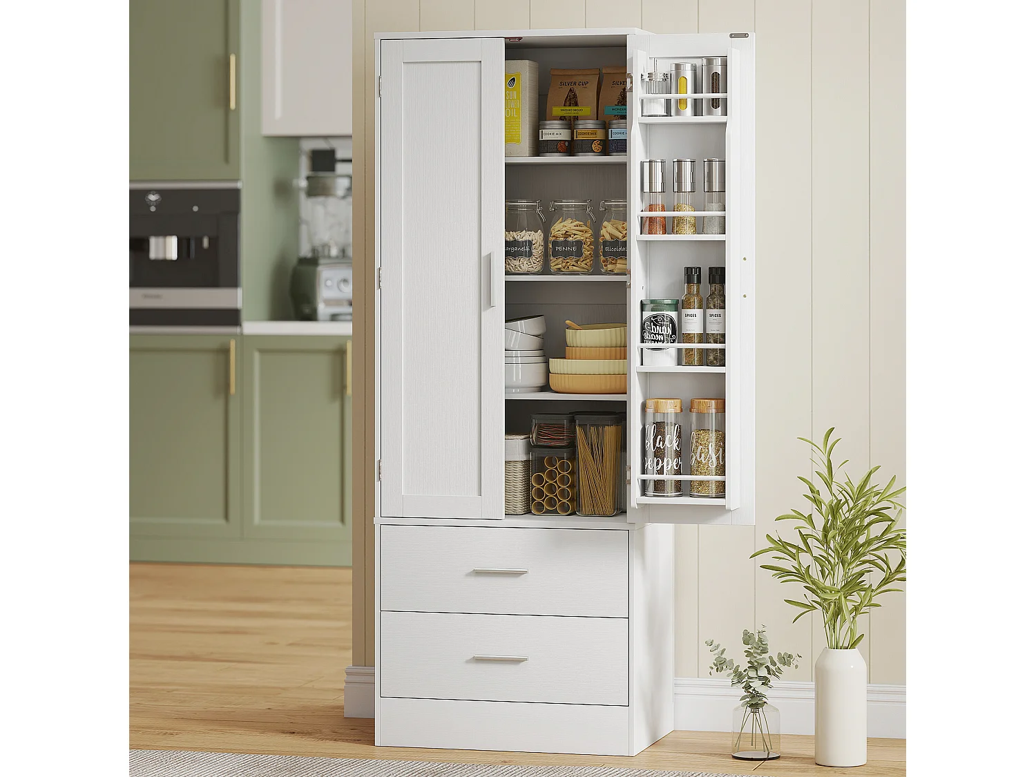 Credenza cucina con armadietto con portaspezie e cassetti bianco