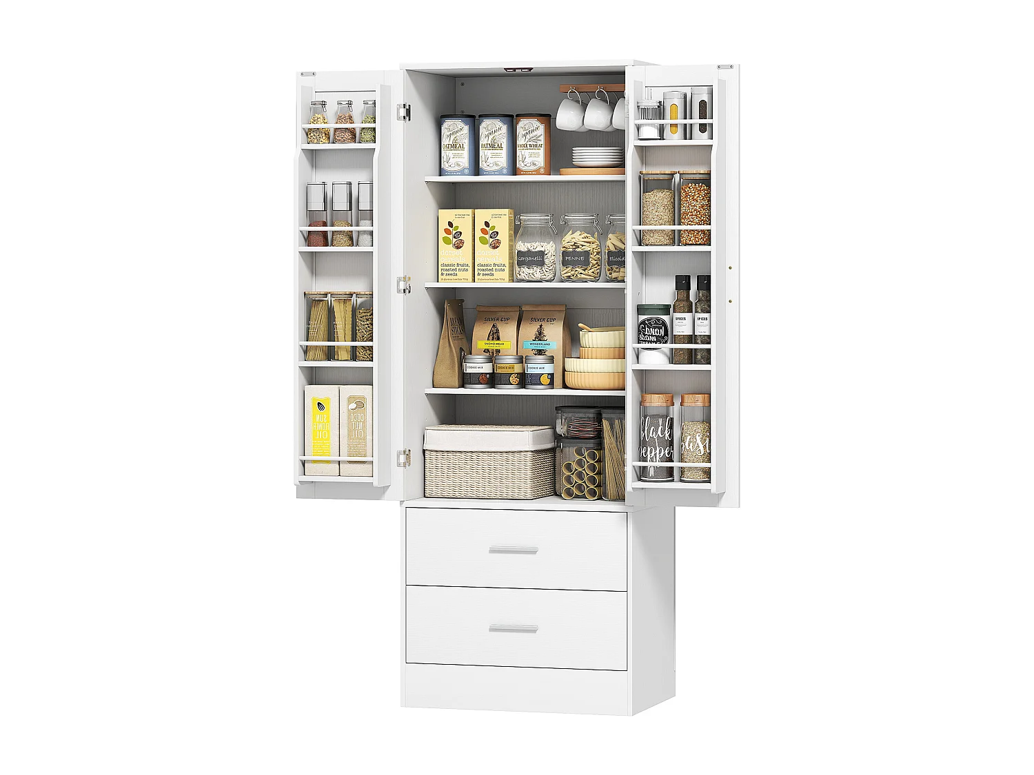 Credenza cucina con armadietto con portaspezie e cassetti bianco
