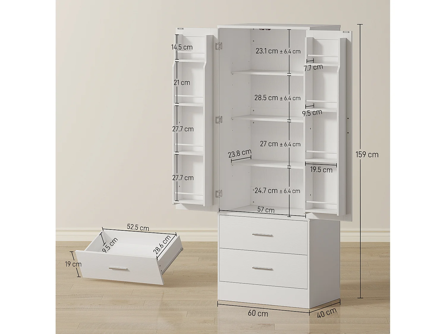 Credenza cucina con armadietto con portaspezie e cassetti bianco