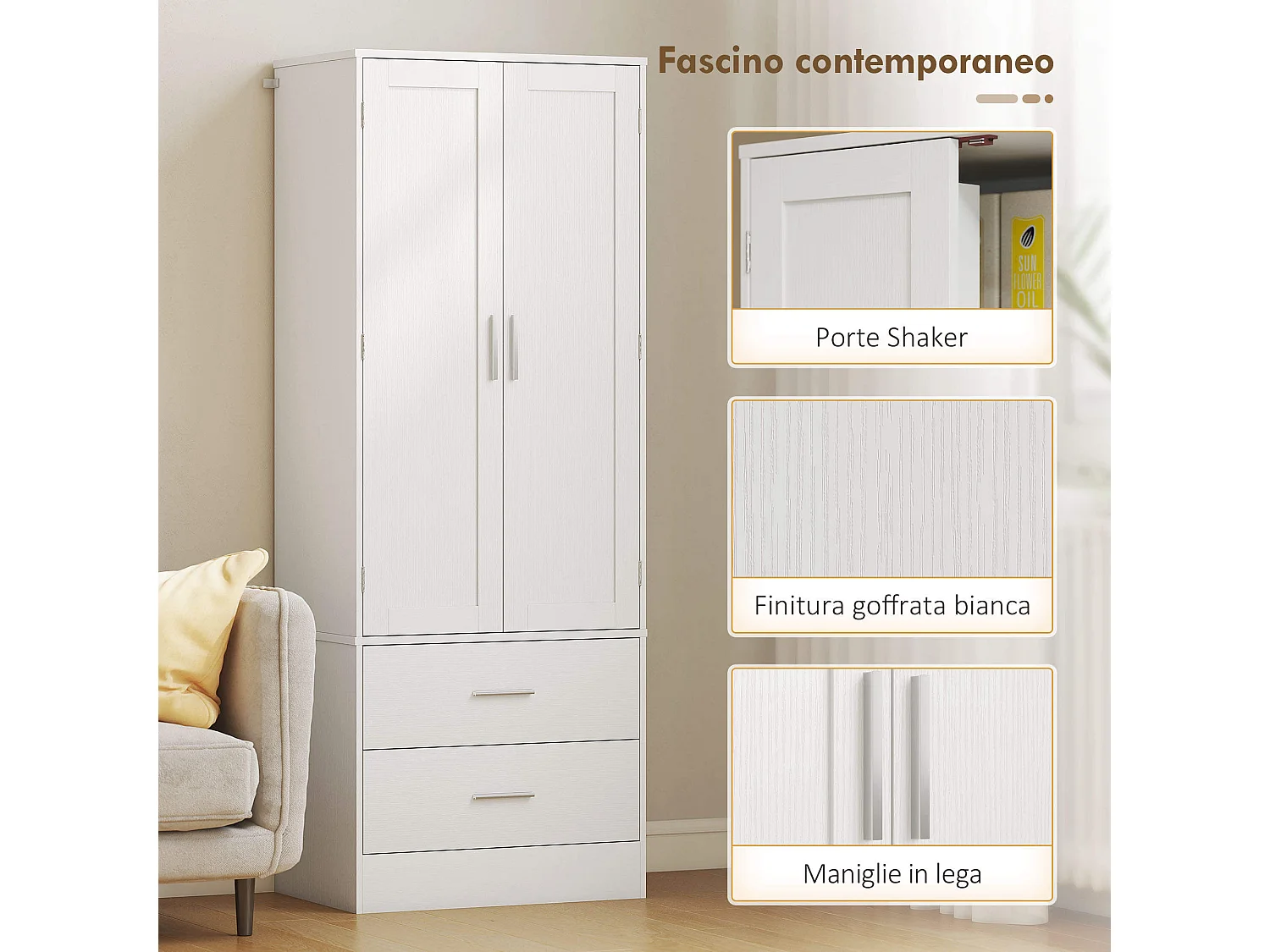 Credenza cucina con armadietto con portaspezie e cassetti bianco