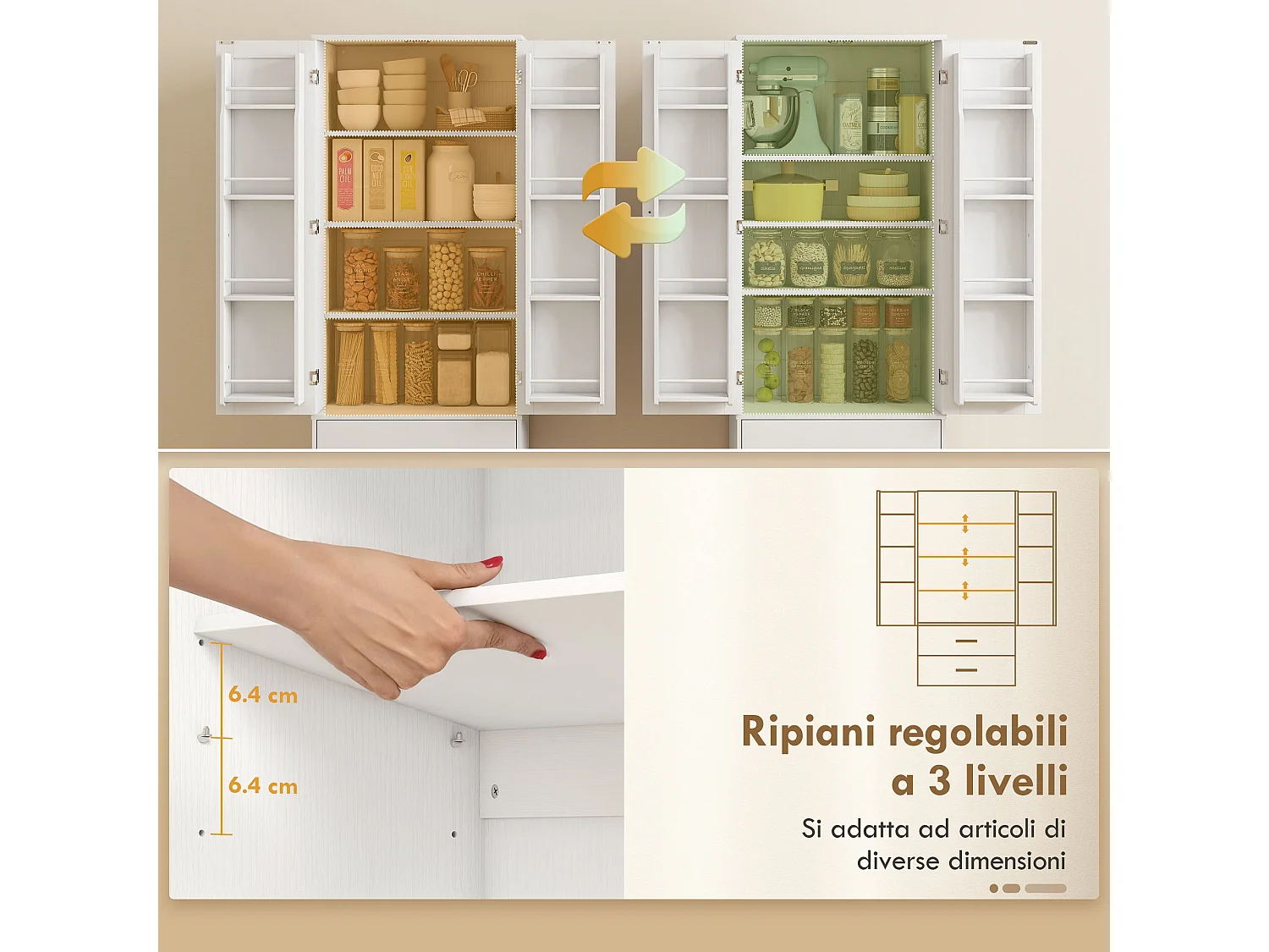Credenza cucina con armadietto con portaspezie e cassetti bianco