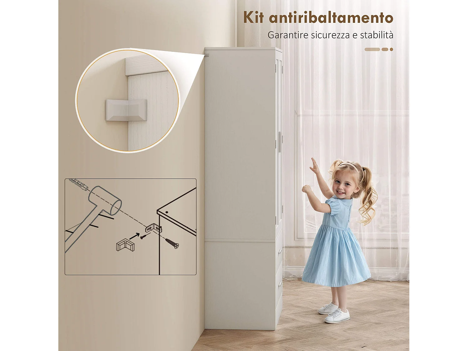 Credenza cucina con armadietto con portaspezie e cassetti bianco