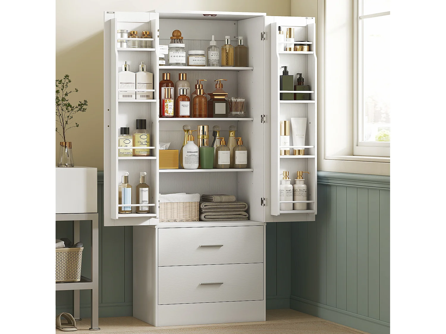 Credenza cucina con armadietto con portaspezie e cassetti bianco