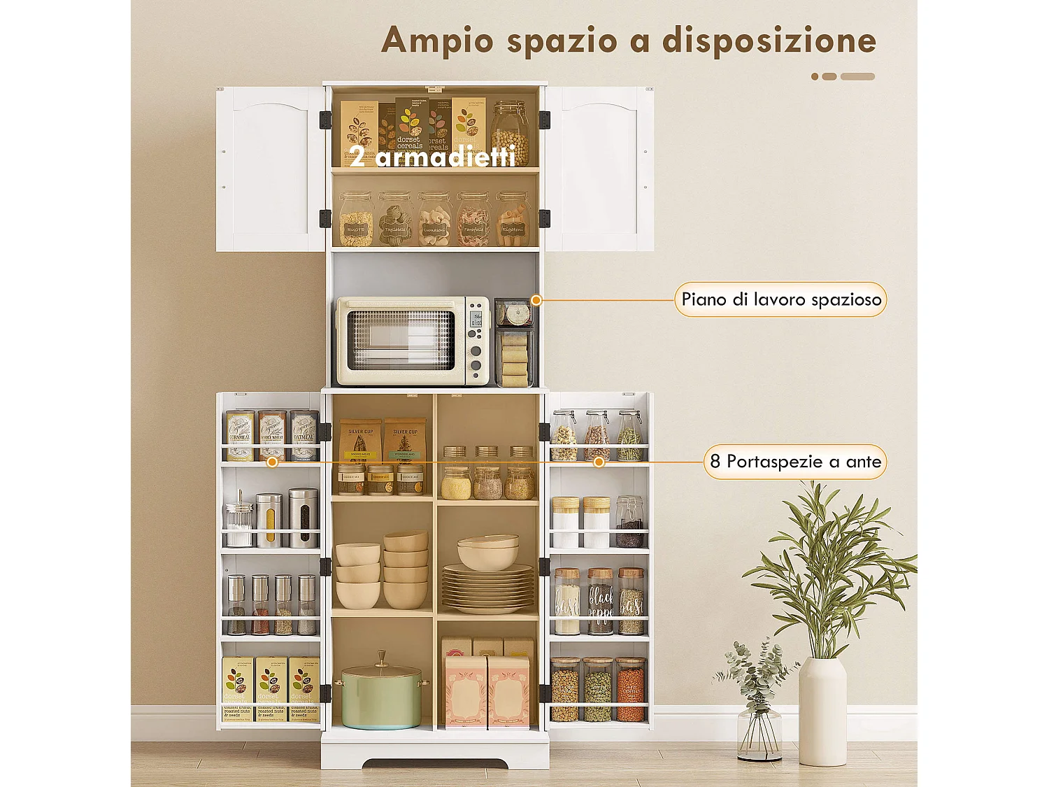 Credenza cucina stile country con 2 armadietti e portaspezie bianco