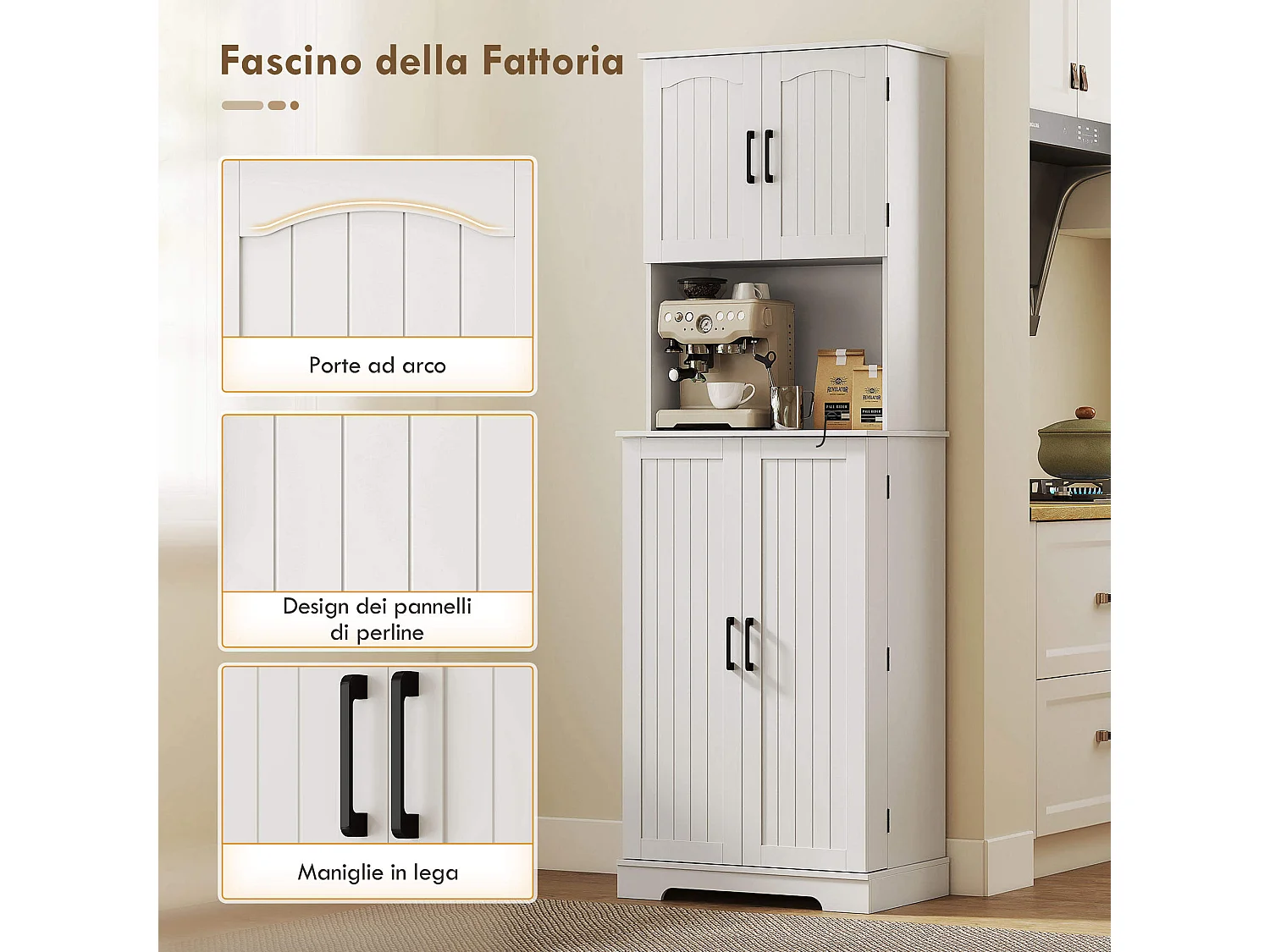 Credenza cucina stile country con 2 armadietti e portaspezie bianco