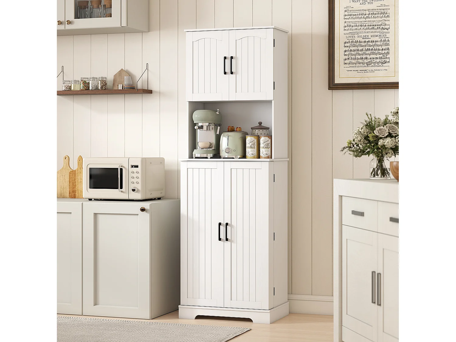 Credenza cucina stile country con 2 armadietti e portaspezie bianco