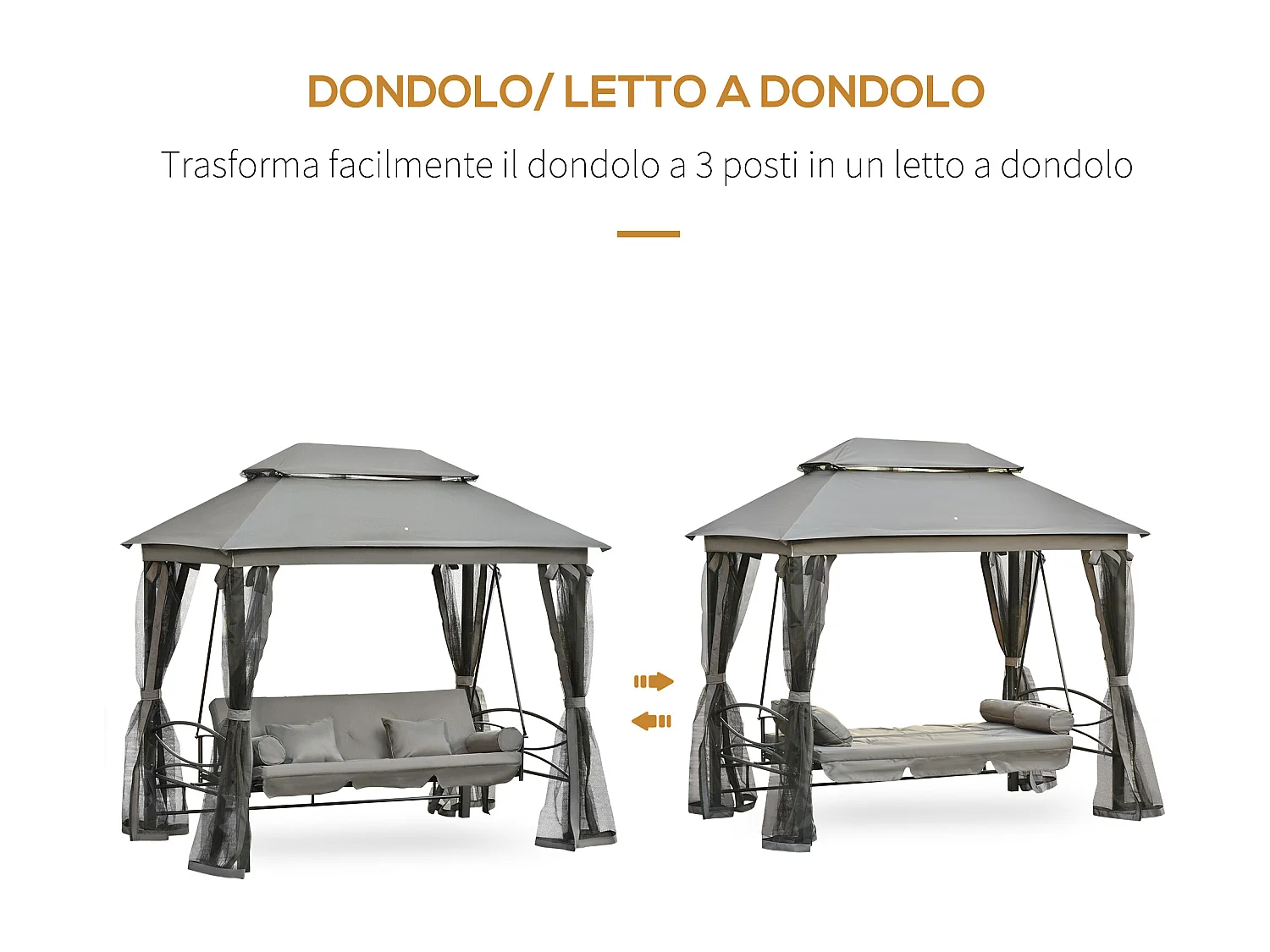 Dondolo 3 posti e lettino gazebo con zanzariera e cuscini