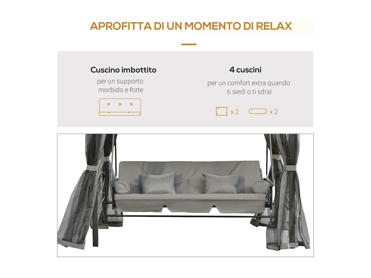 Dondolo 3 posti e lettino gazebo con zanzariera e cuscini