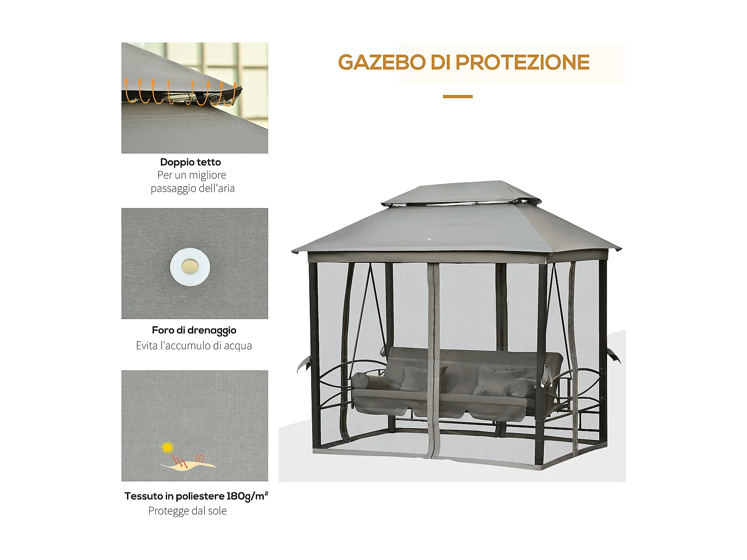 Dondolo 3 posti e lettino gazebo con zanzariera e cuscini