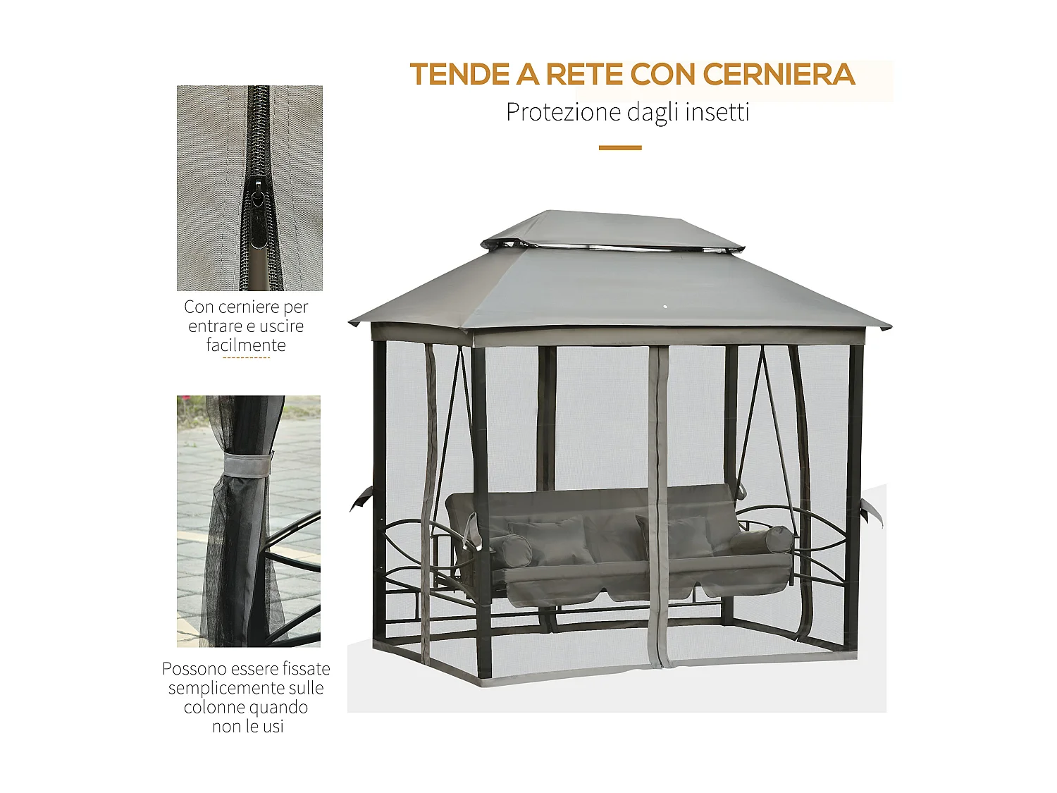 Dondolo 3 posti e lettino gazebo con zanzariera e cuscini