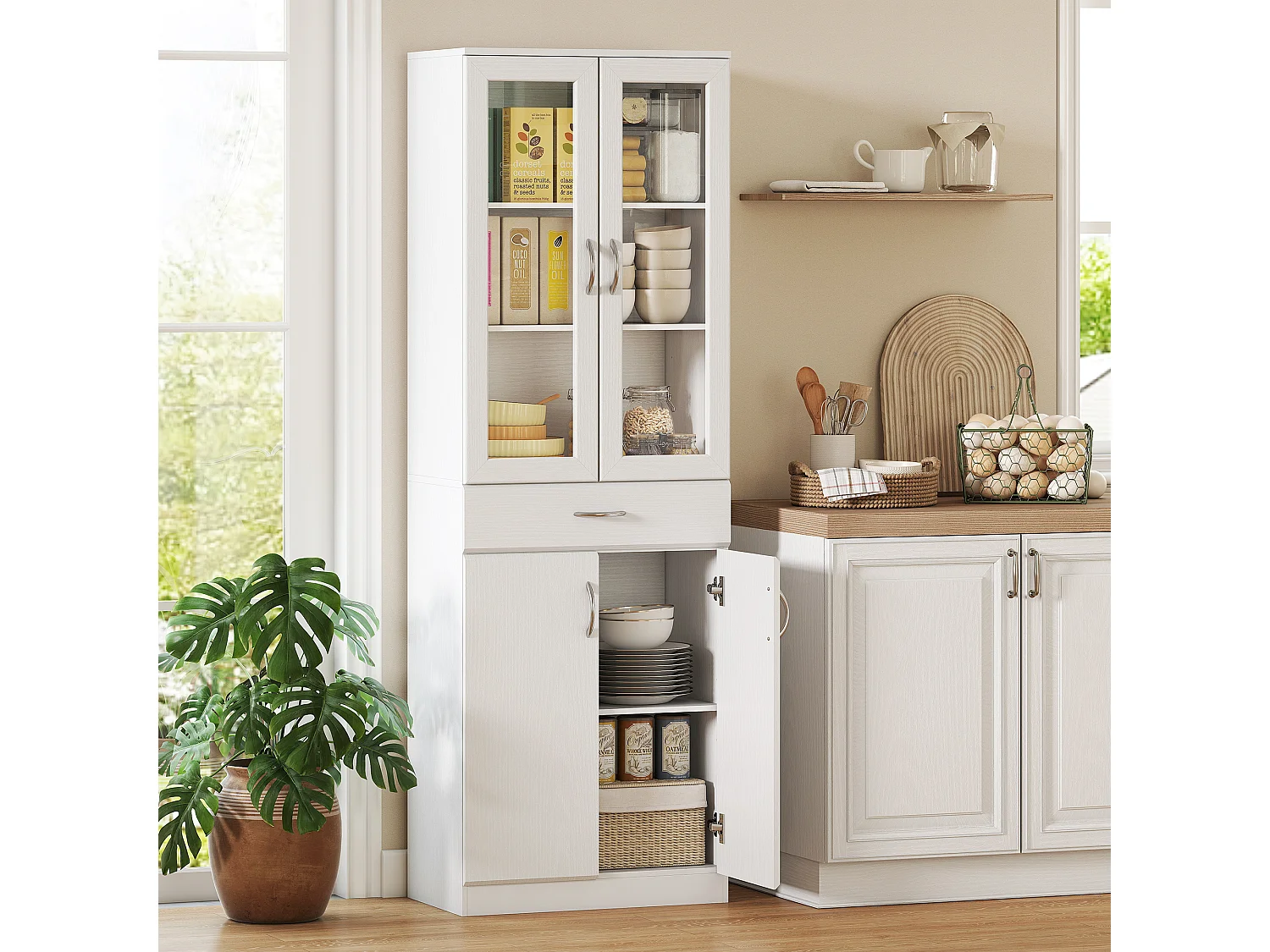 Credenza cucina alta moderna con 2 armadietti e un cassetto bianco