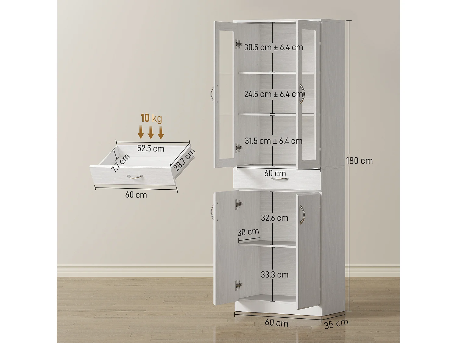 Credenza cucina alta moderna con 2 armadietti e un cassetto bianco