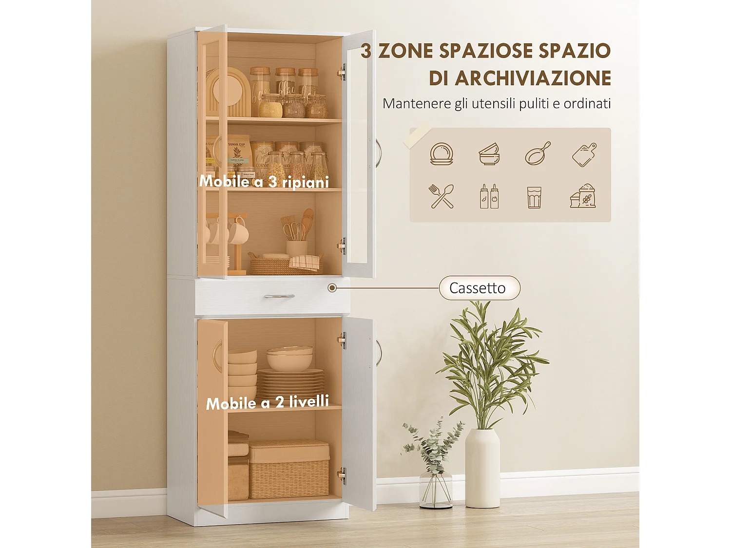Credenza cucina alta moderna con 2 armadietti e un cassetto bianco