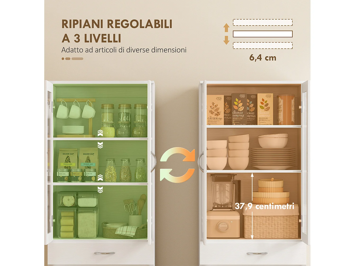 Credenza cucina alta moderna con 2 armadietti e un cassetto bianco