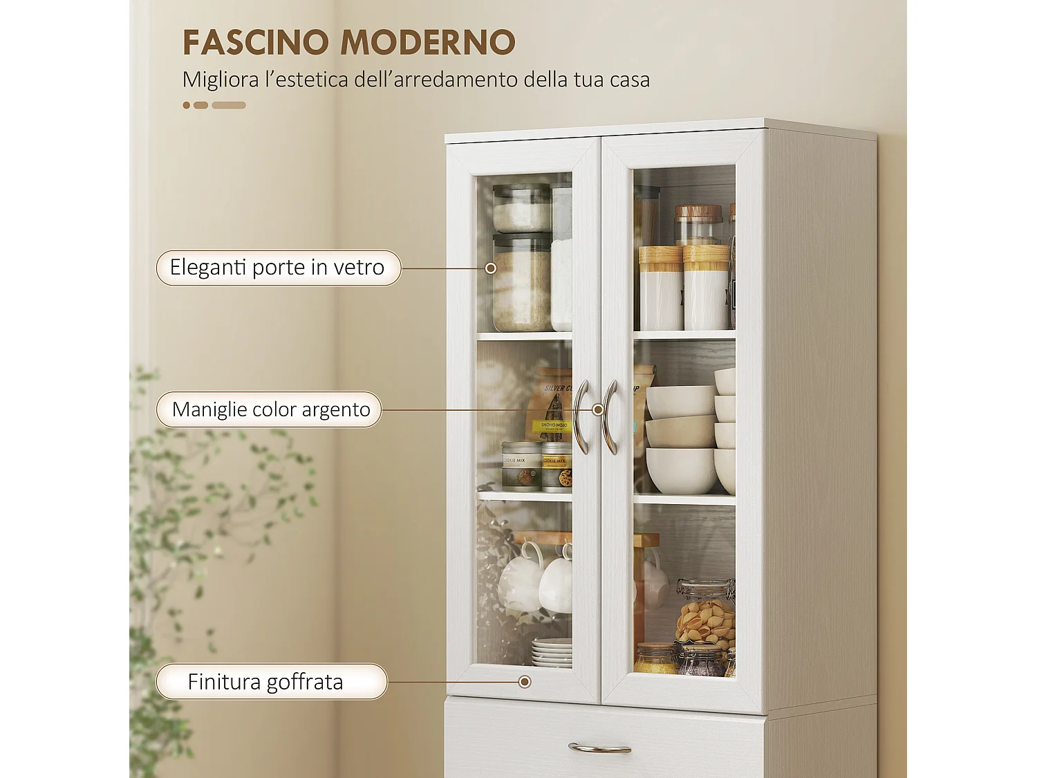 Credenza cucina alta moderna con 2 armadietti e un cassetto bianco