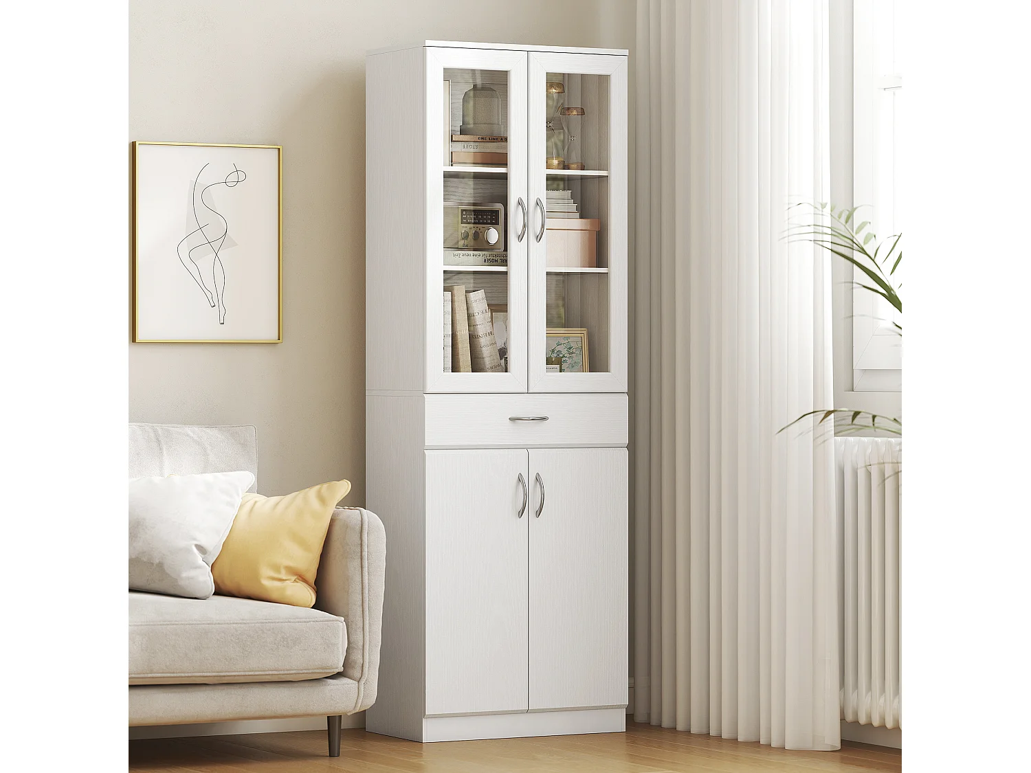 Credenza cucina alta moderna con 2 armadietti e un cassetto bianco