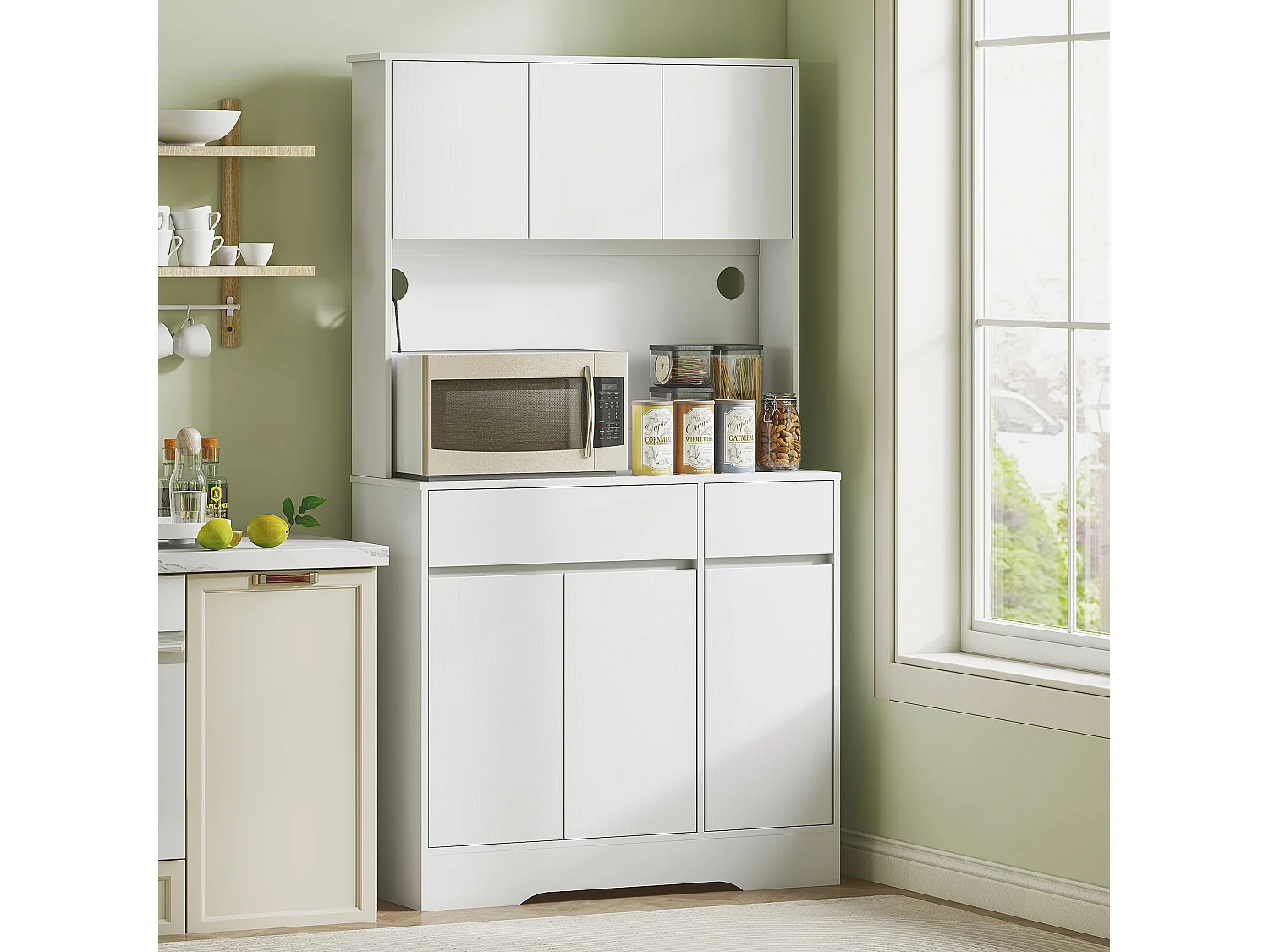 Credenza cucina alta 180 cm con 4 armadietti e 2 cassetti bianco