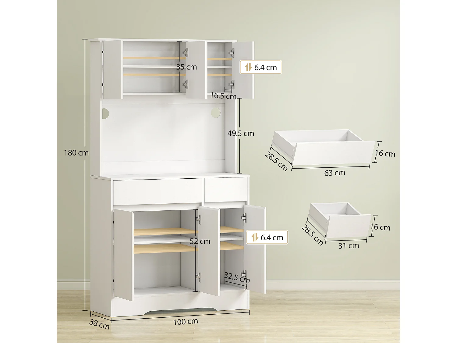 Credenza cucina alta 180 cm con 4 armadietti e 2 cassetti bianco
