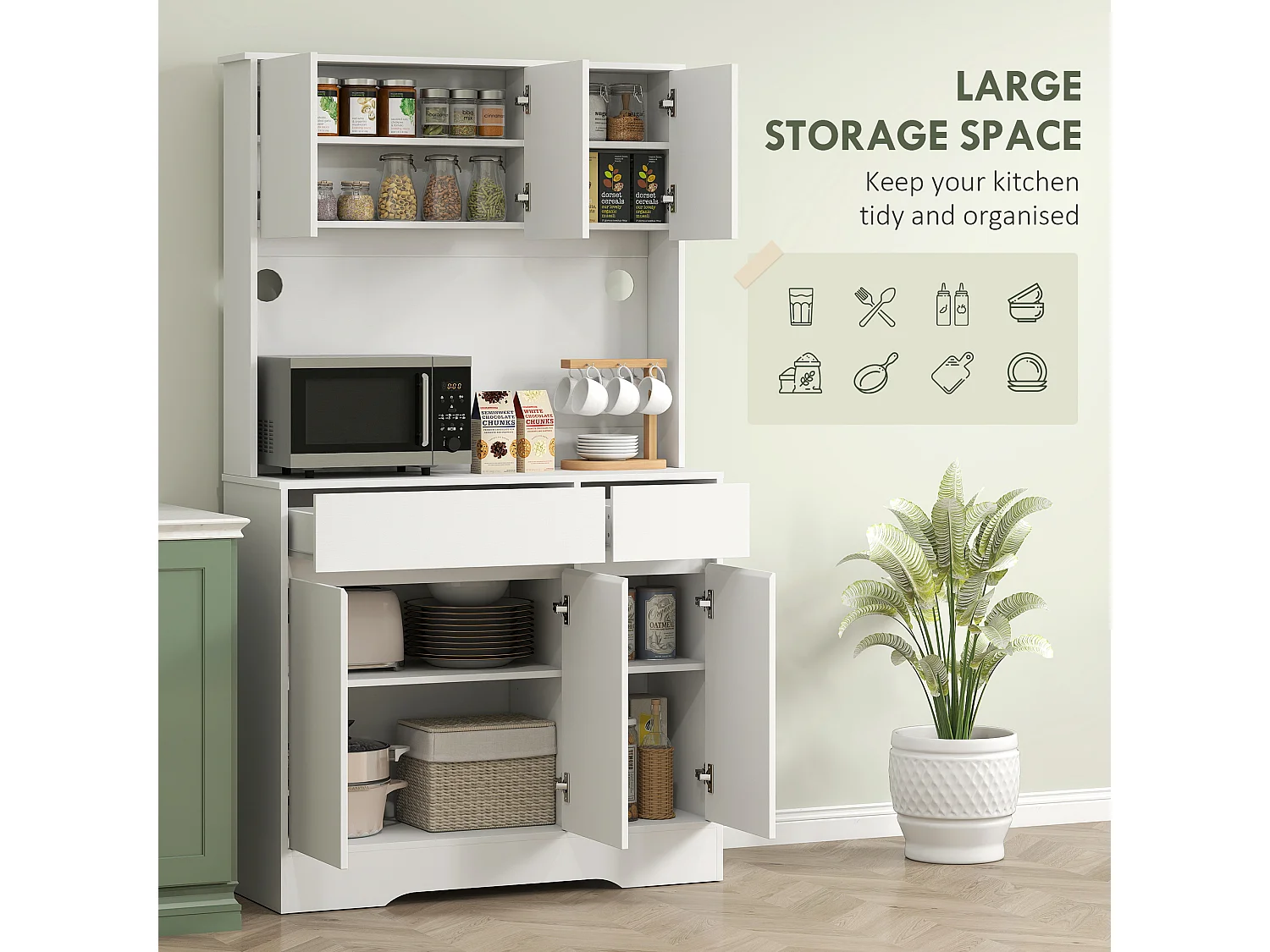 Credenza cucina alta 180 cm con 4 armadietti e 2 cassetti bianco