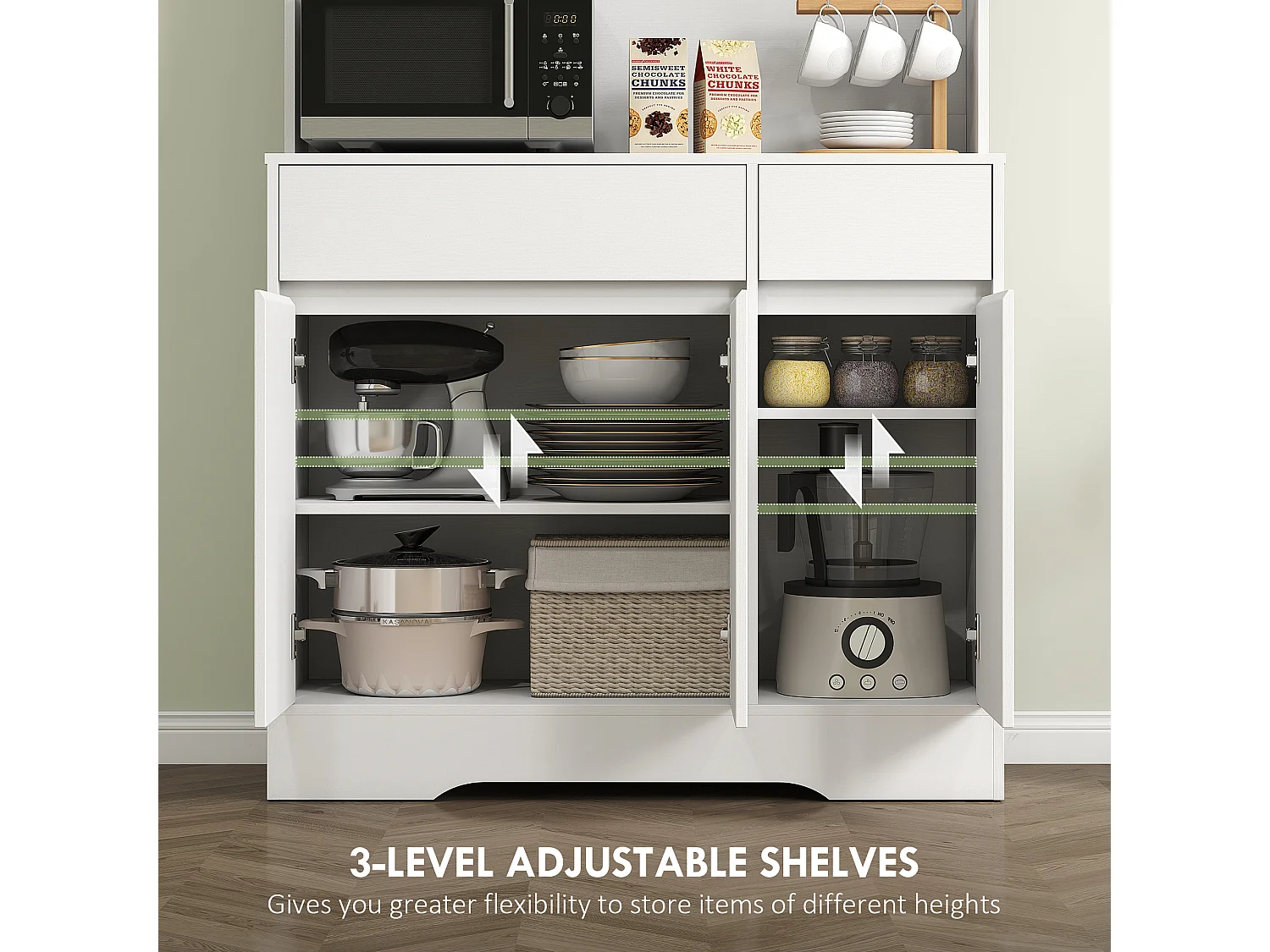 Credenza cucina alta 180 cm con 4 armadietti e 2 cassetti bianco