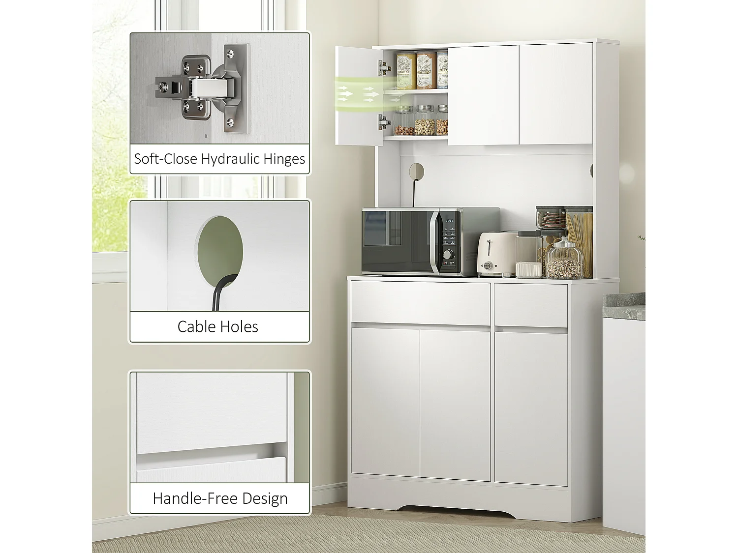 Credenza cucina alta 180 cm con 4 armadietti e 2 cassetti bianco