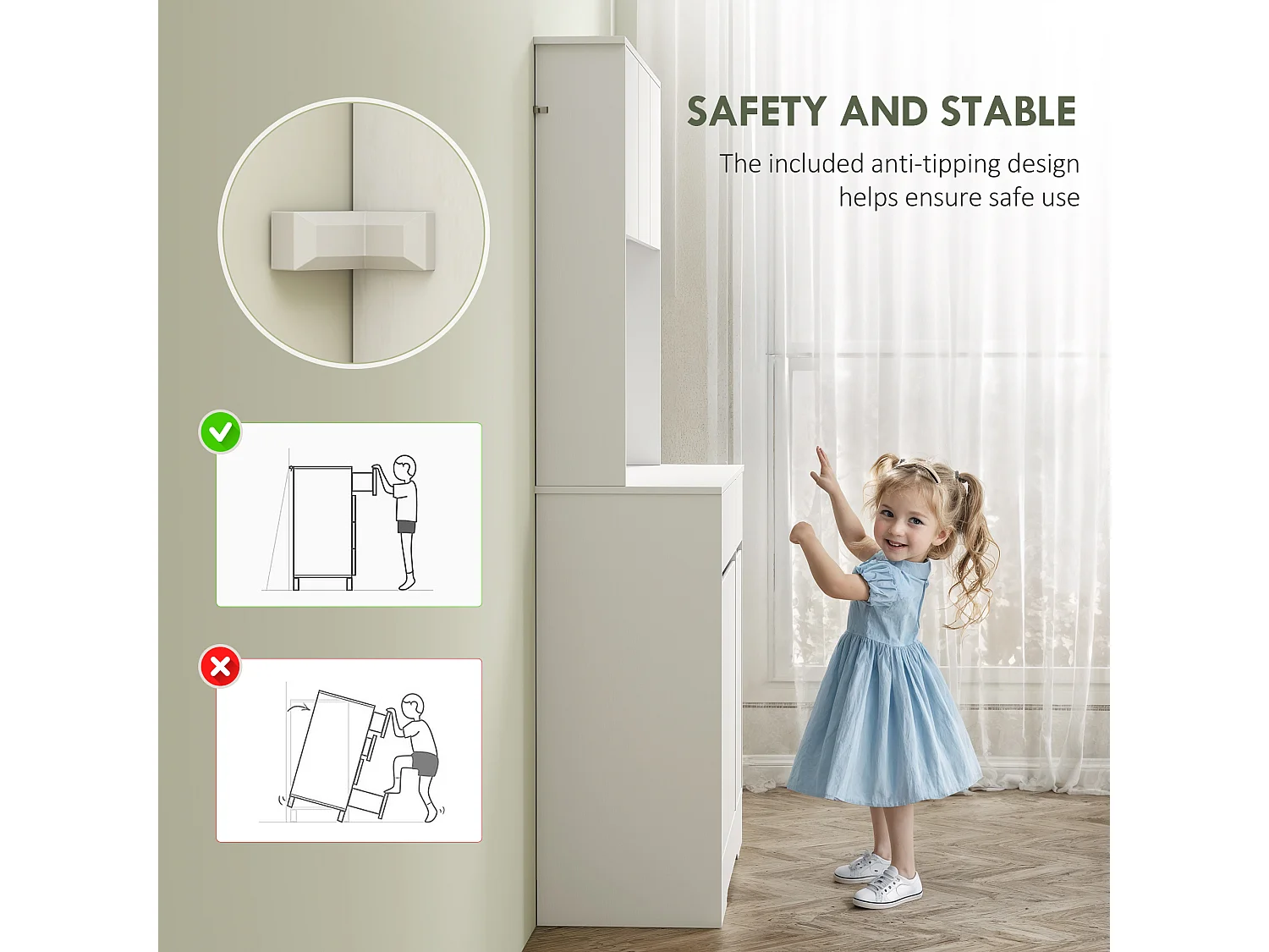 Credenza cucina alta 180 cm con 4 armadietti e 2 cassetti bianco