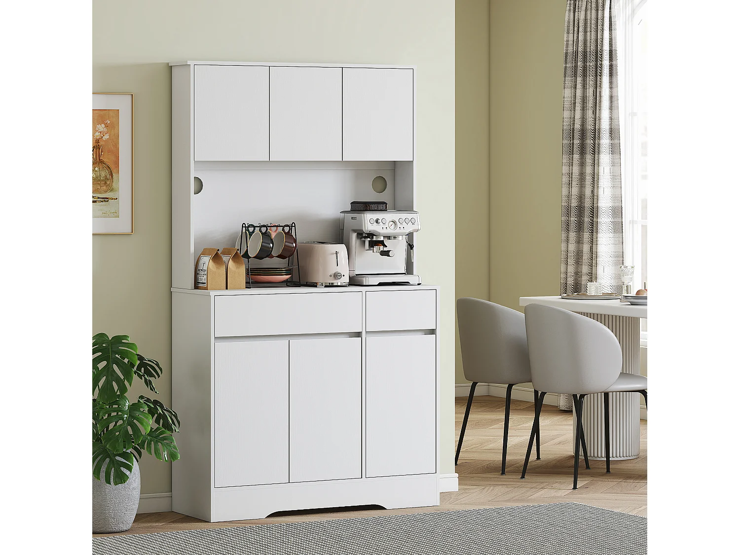 Credenza cucina alta 180 cm con 4 armadietti e 2 cassetti bianco