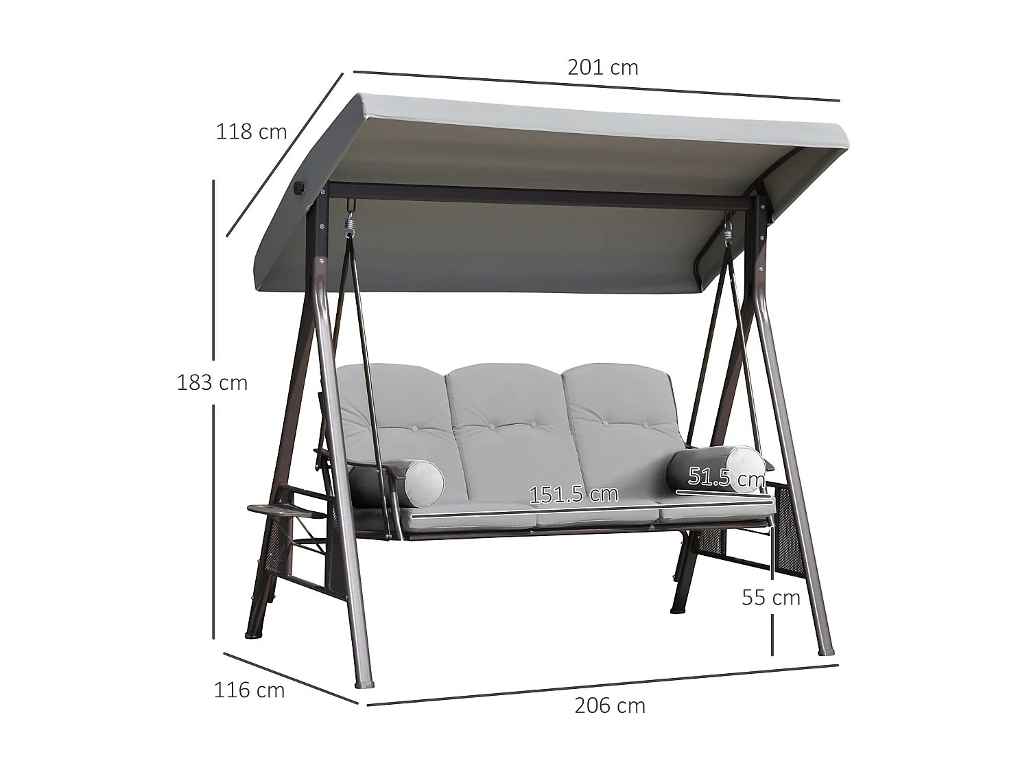Dondolo da giardino 3 posti con tetto regolabile grigio chiaro