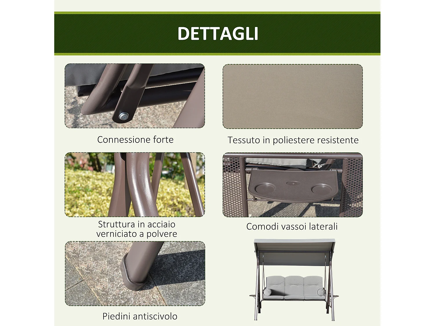 Dondolo da giardino 3 posti con tetto regolabile grigio chiaro