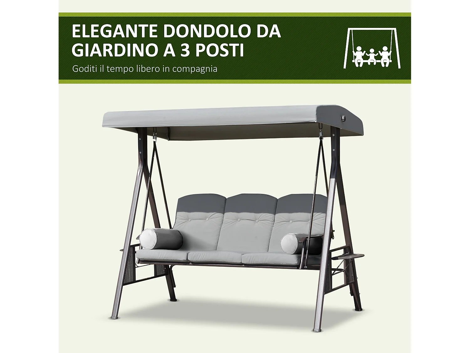 Dondolo da giardino 3 posti con tetto regolabile grigio chiaro