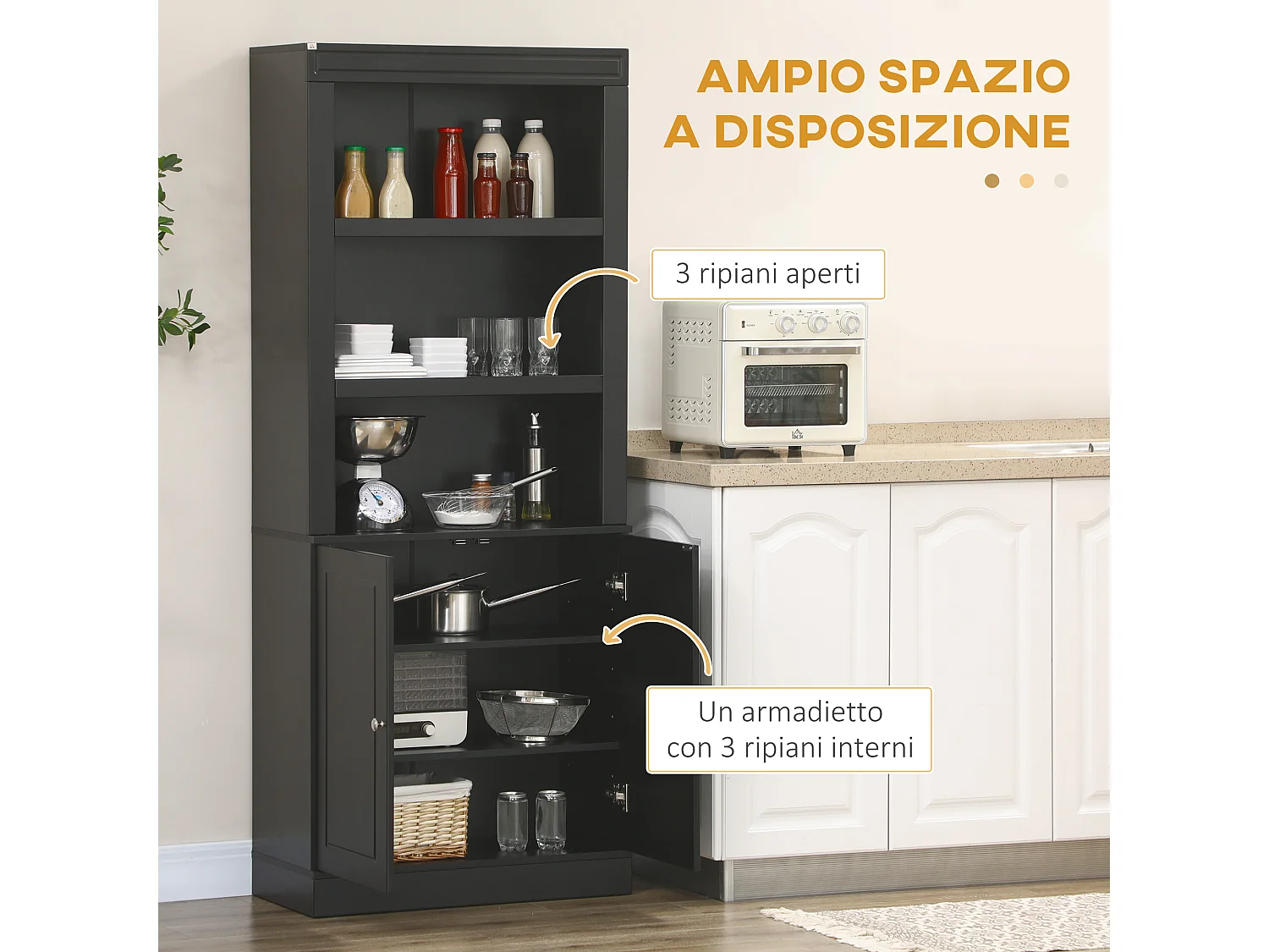 Credenza cucina in legno con ripiani e armadietto 2 ante nero