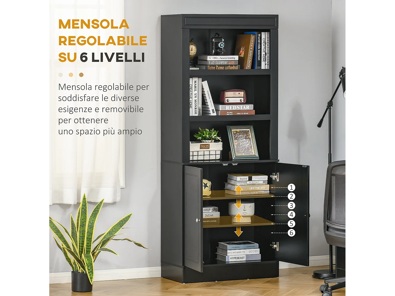 Credenza cucina in legno con ripiani e armadietto 2 ante nero