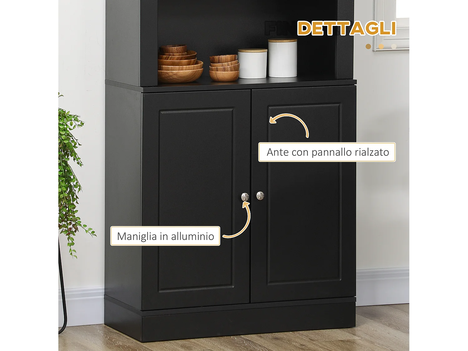 Credenza cucina in legno con ripiani e armadietto 2 ante nero