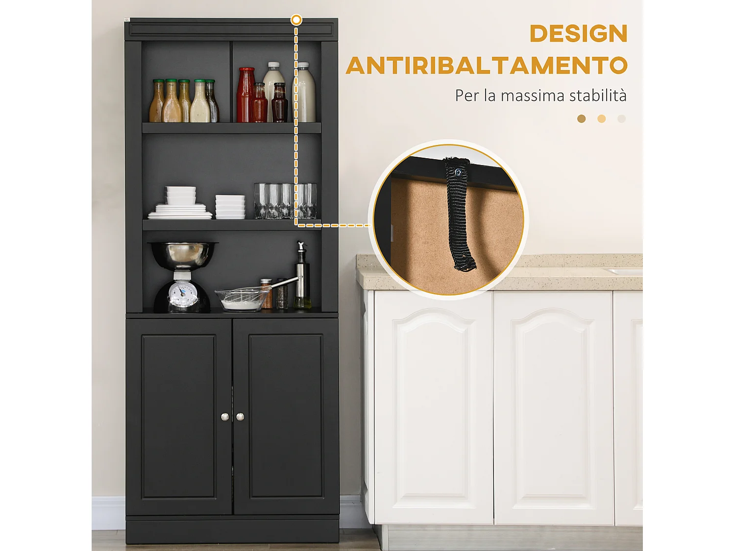 Credenza cucina in legno con ripiani e armadietto 2 ante nero