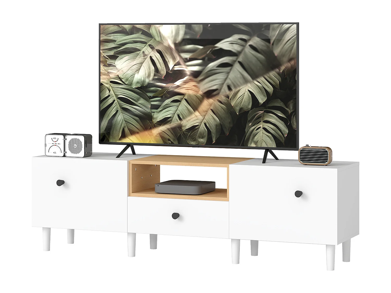 Mobile tv con ante a ribalta, cassetto e scaffale bianco e legno