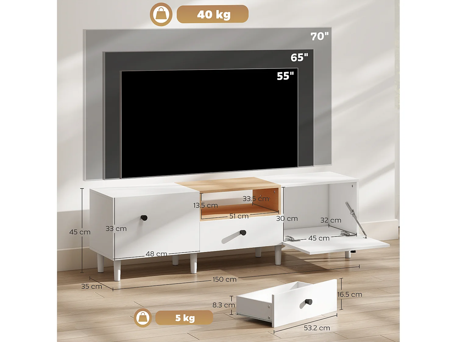 Mobile tv con ante a ribalta, cassetto e scaffale bianco e legno