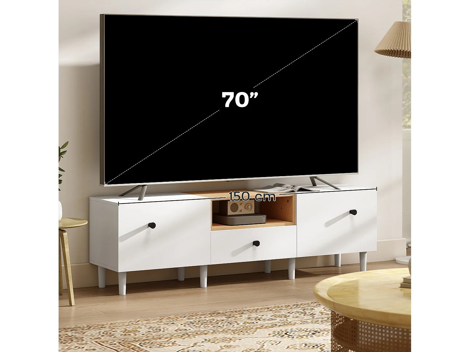 Mobile tv con ante a ribalta, cassetto e scaffale bianco e legno