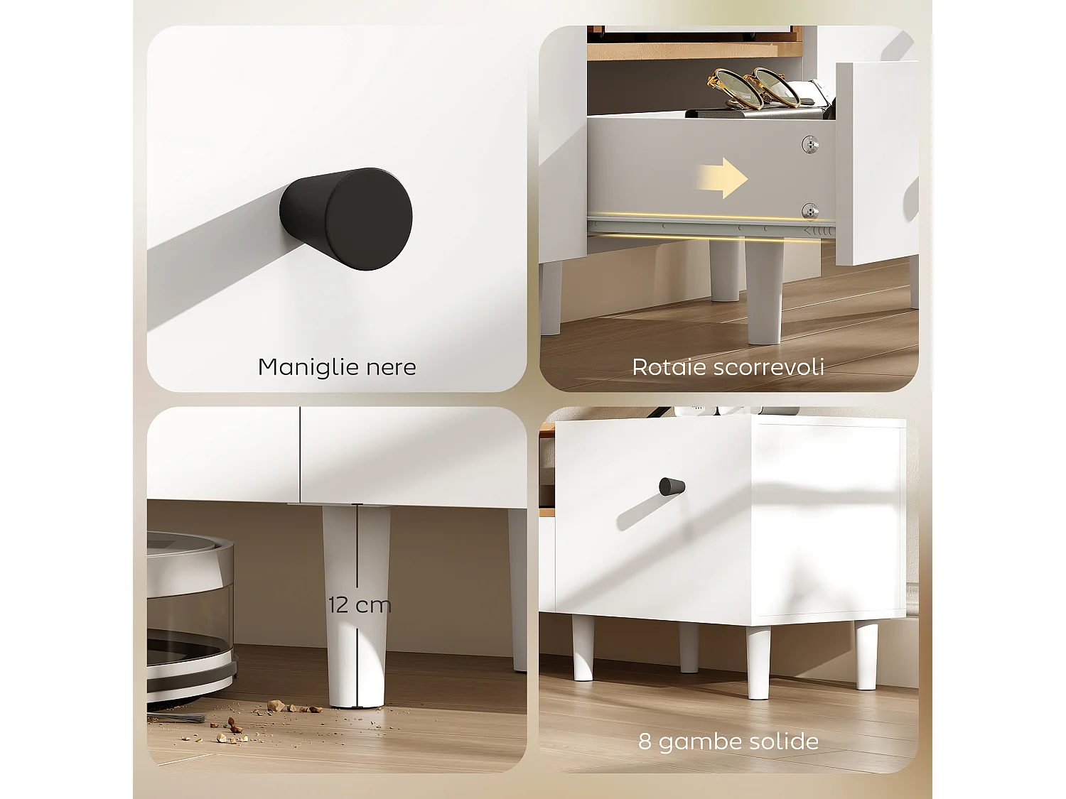 Mobile tv con ante a ribalta, cassetto e scaffale bianco e legno