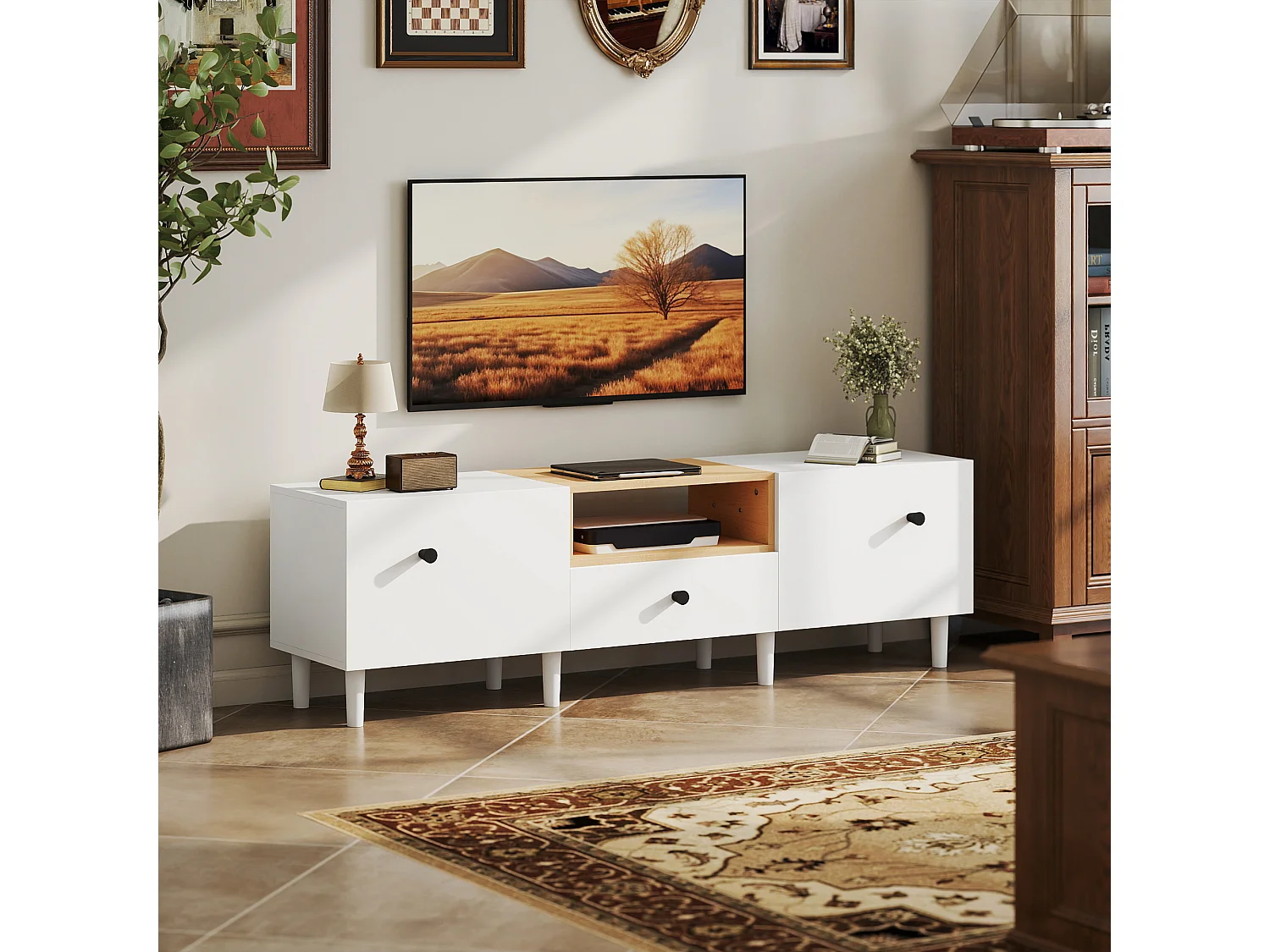 Mobile tv con ante a ribalta, cassetto e scaffale bianco e legno