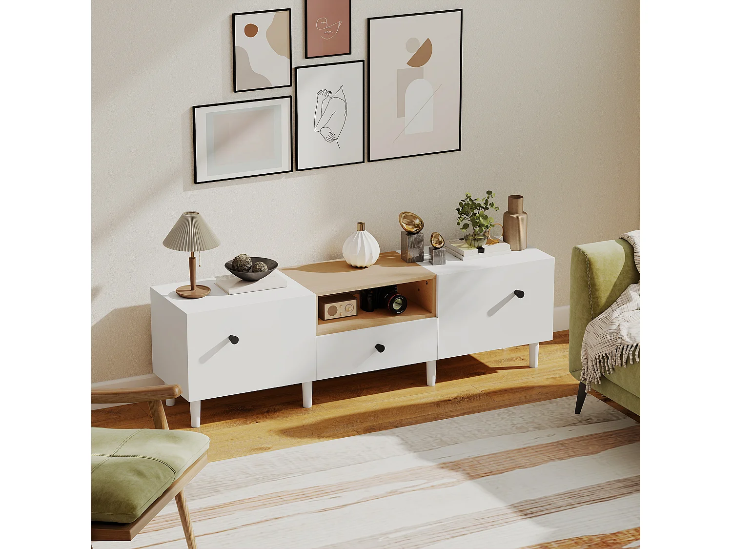 Mobile tv con ante a ribalta, cassetto e scaffale bianco e legno