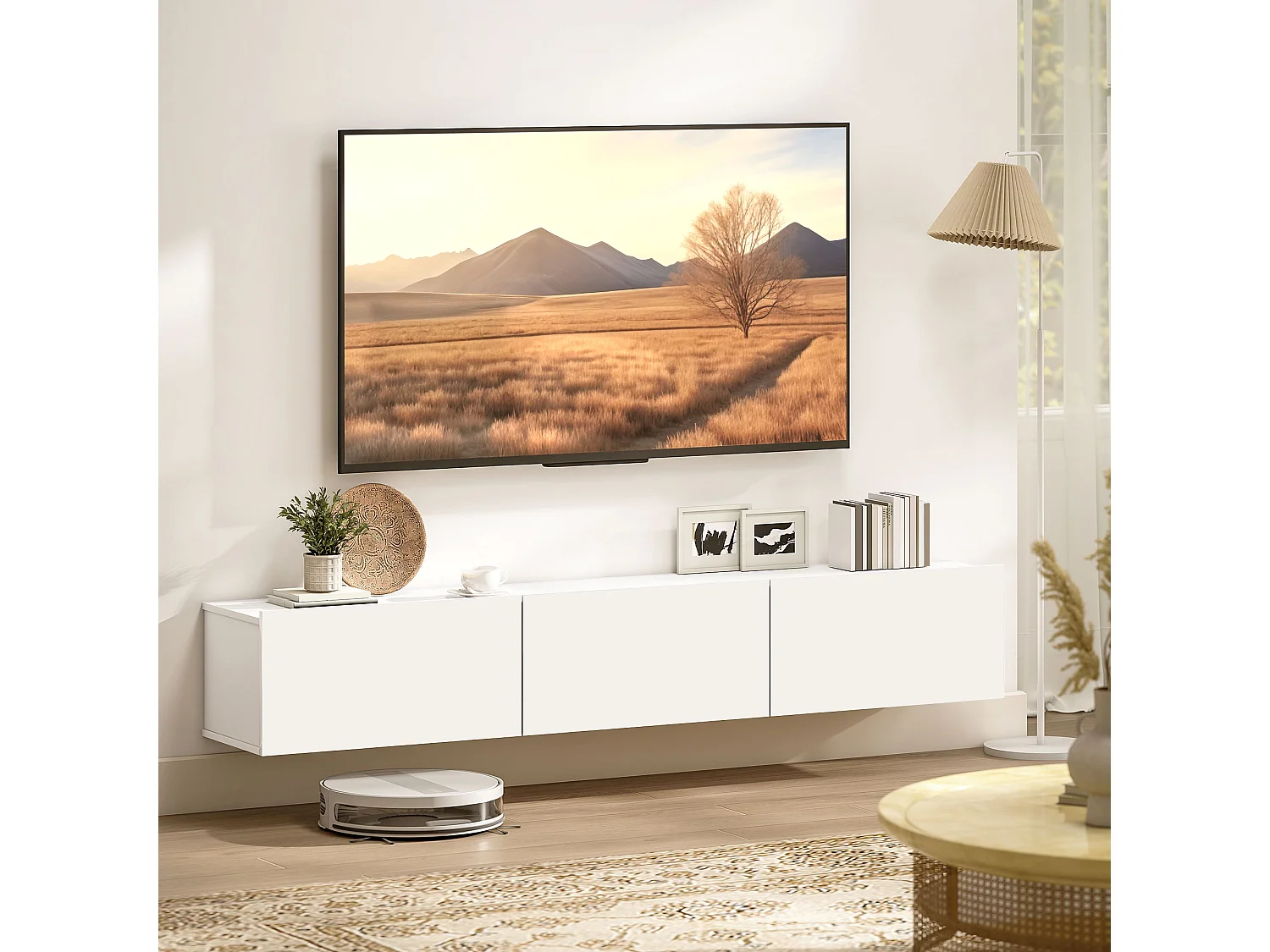Mobile porta tv fino 82" sospeso con 3 armadietti bianco