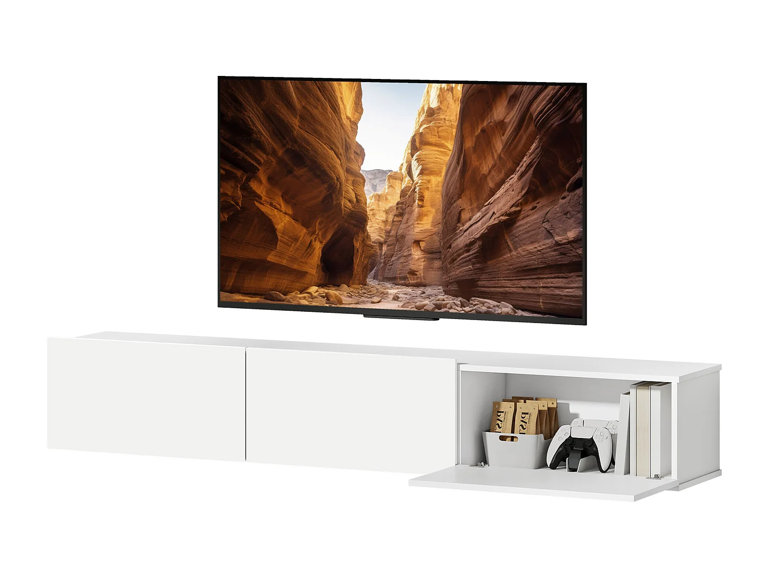Mobile porta tv fino 82" sospeso con 3 armadietti bianco