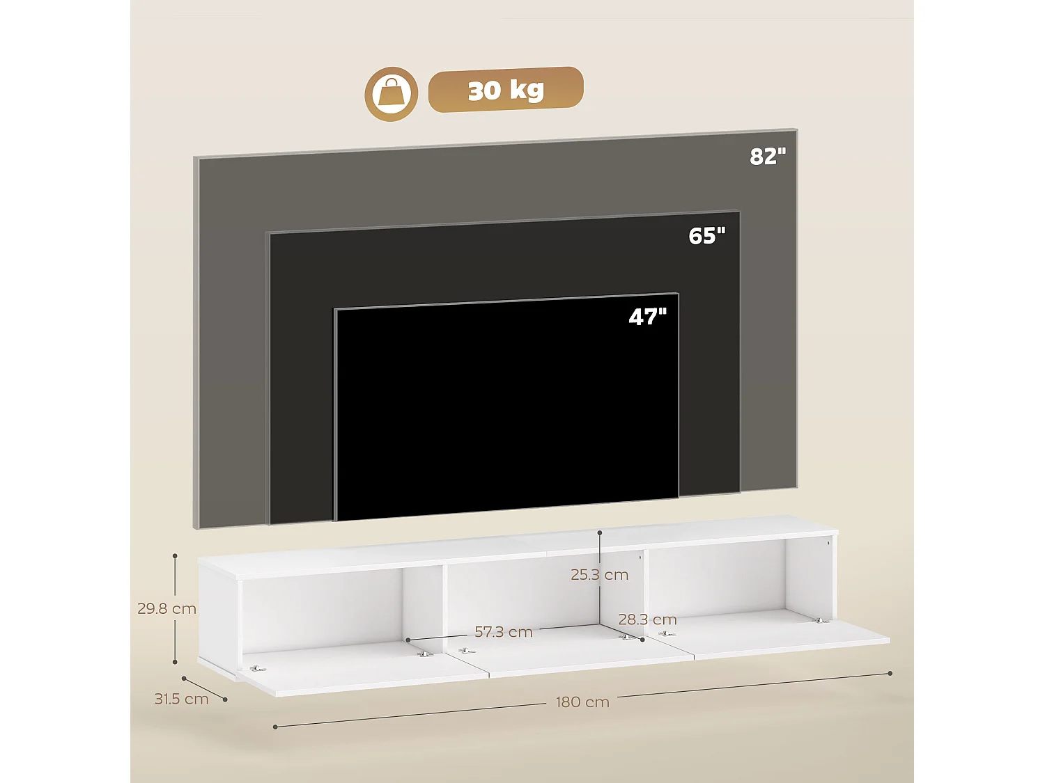 Mobile porta tv fino 82" sospeso con 3 armadietti bianco
