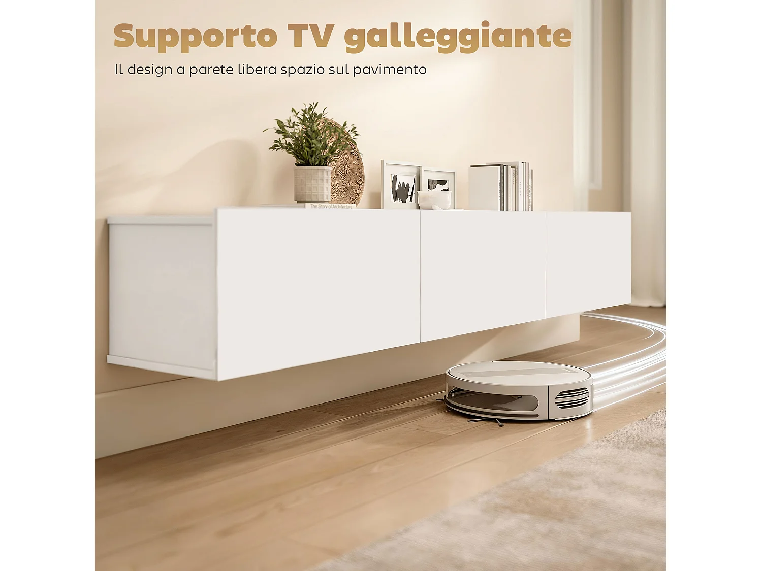 Mobile porta tv fino 82" sospeso con 3 armadietti bianco