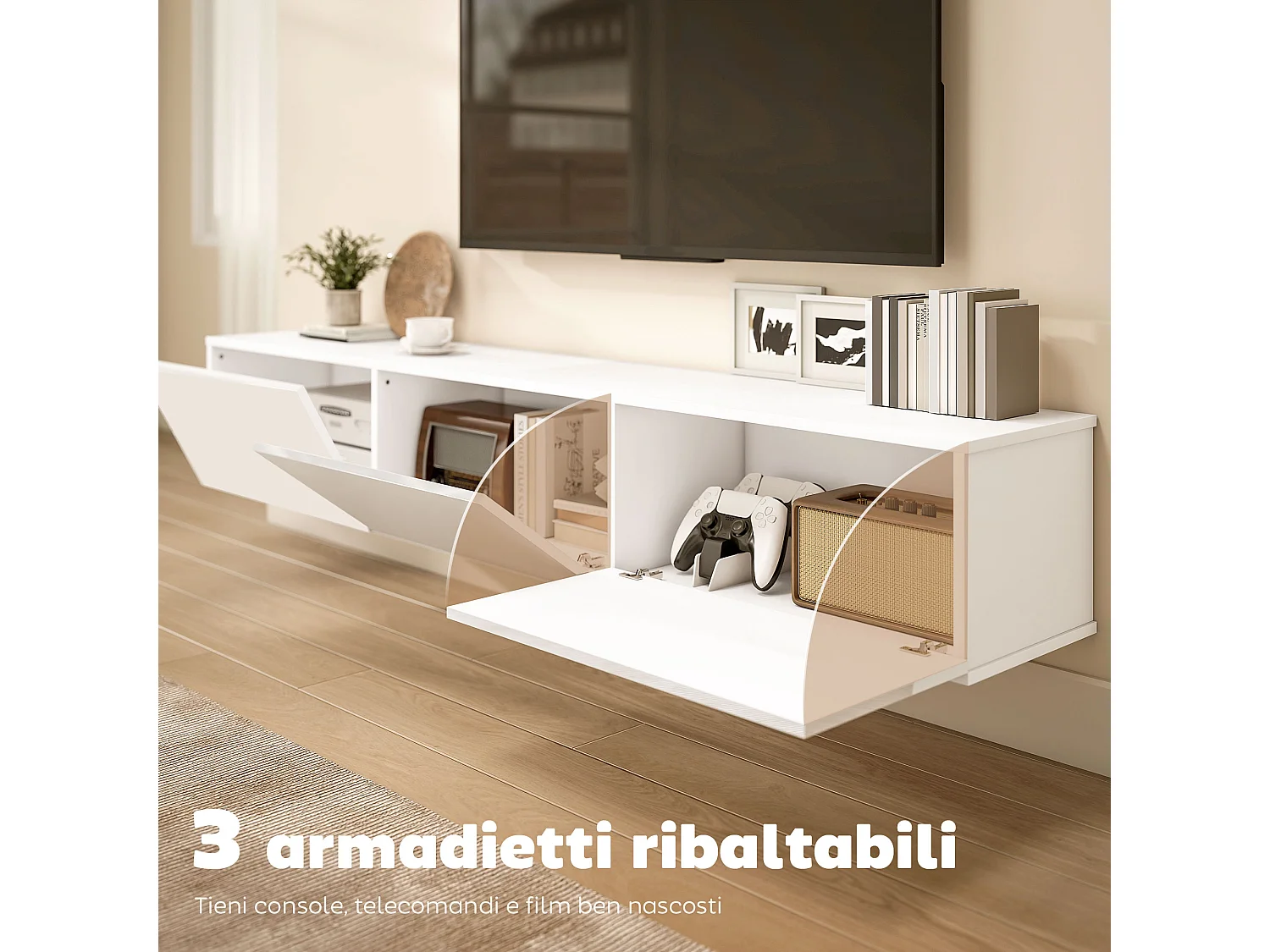 Mobile porta tv fino 82" sospeso con 3 armadietti bianco